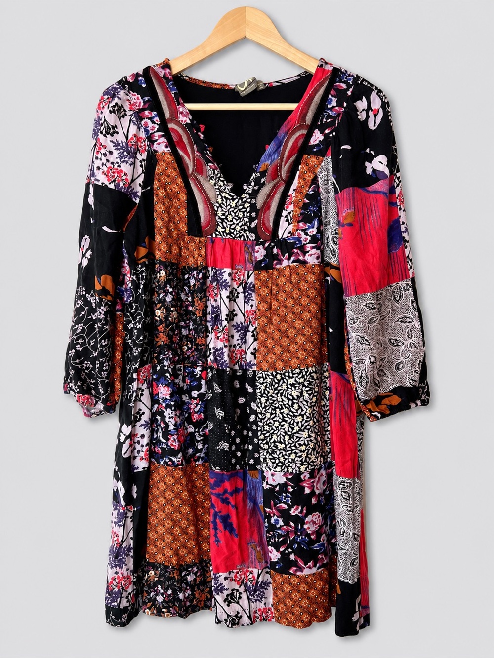 One September Boho Patchwork Print Babydoll Dress V-Neck Long Sleeve Mini Dress